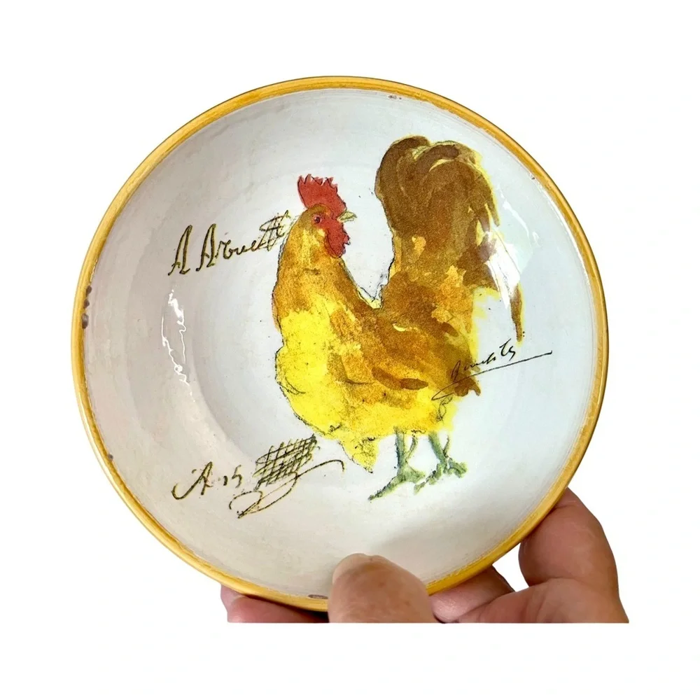Williams Sonoma Pair Rooster Script 5.75” Rustic Dipping Bowls Dishes Italy 2005